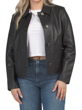 COLE HAAN Lambskin Leather Button Front Jacket